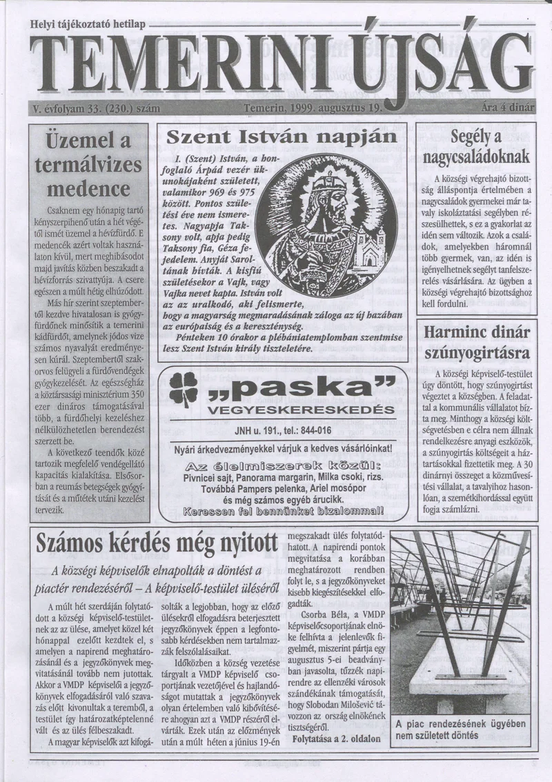 Temerini Újság, 5. évf. 1999. augusztus 19. 33. sz.