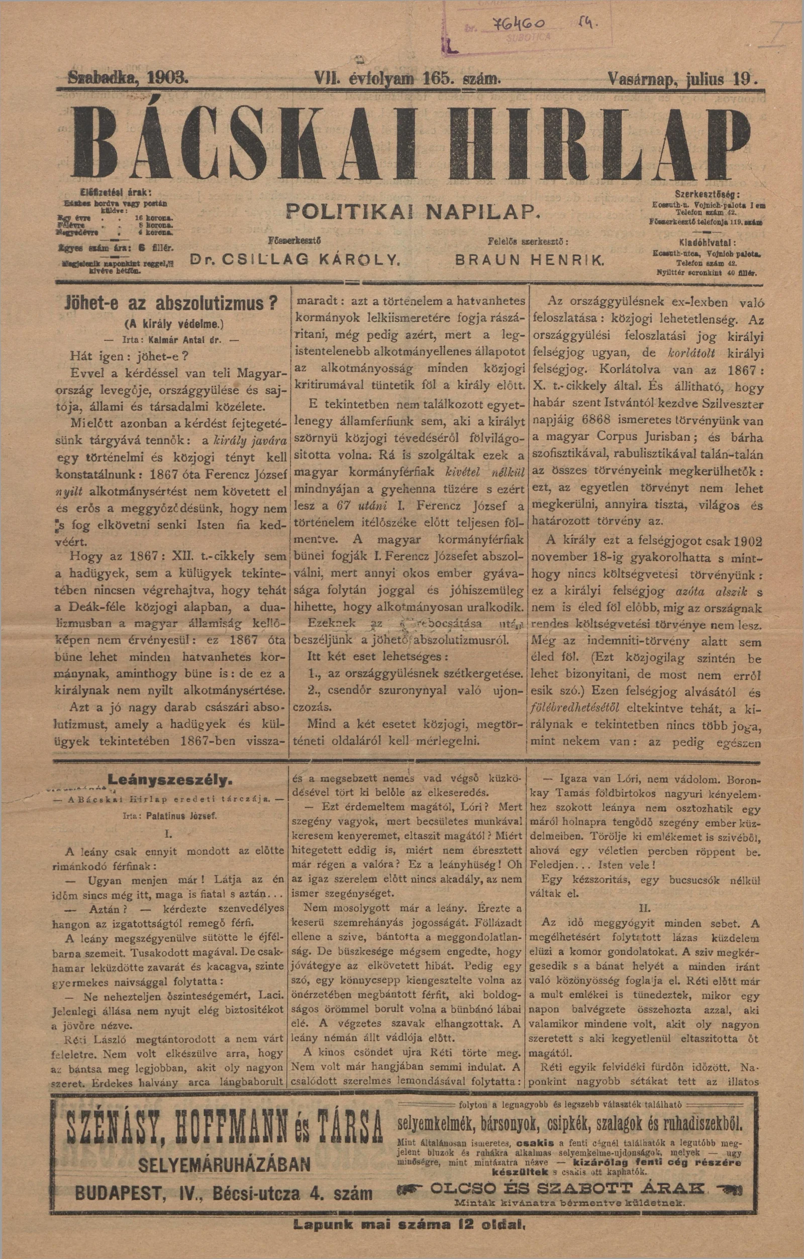 Bácskai Hirlap, 7. évf. 1903. július 16. 165. sz.