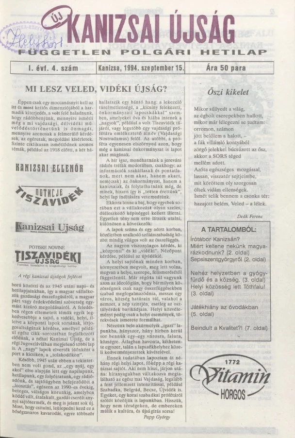 Új Kanizsai Újság, 1. évf. 1994. szeptember 15. 4. sz.