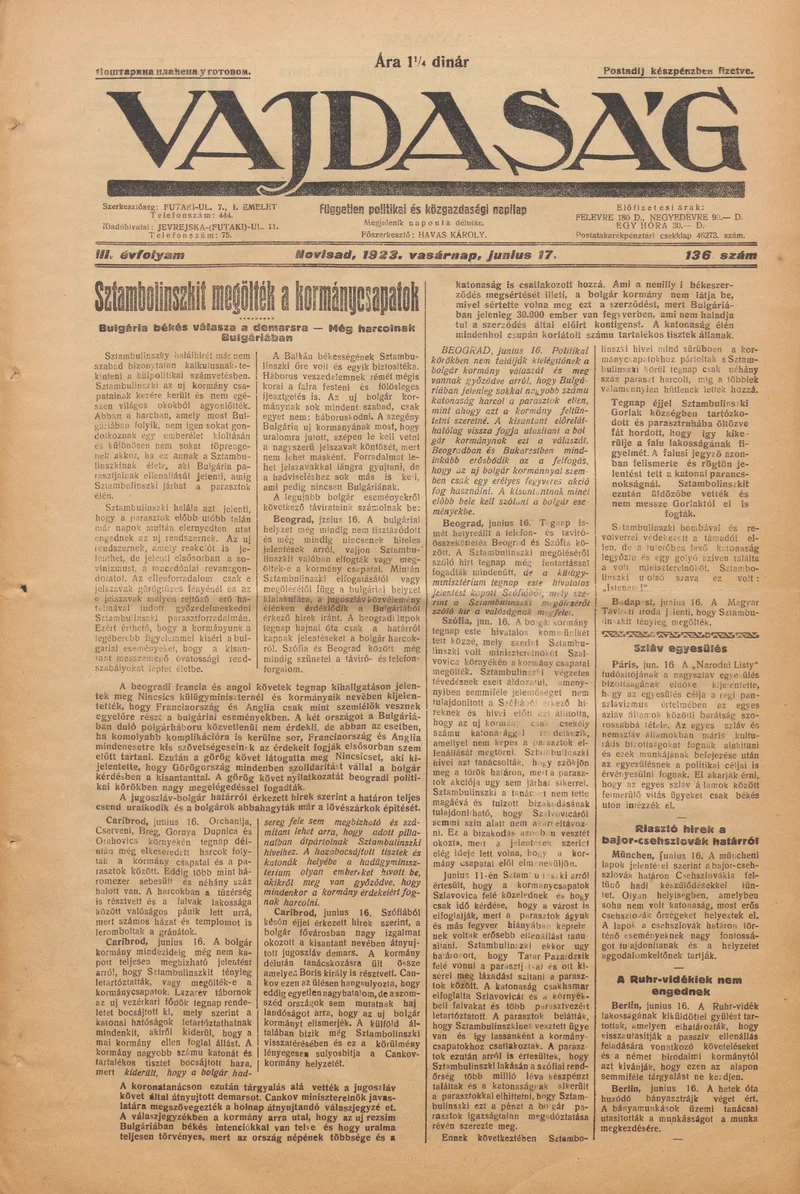 Vajdaság, 3. évf. 1923. június 17. 136. sz.
