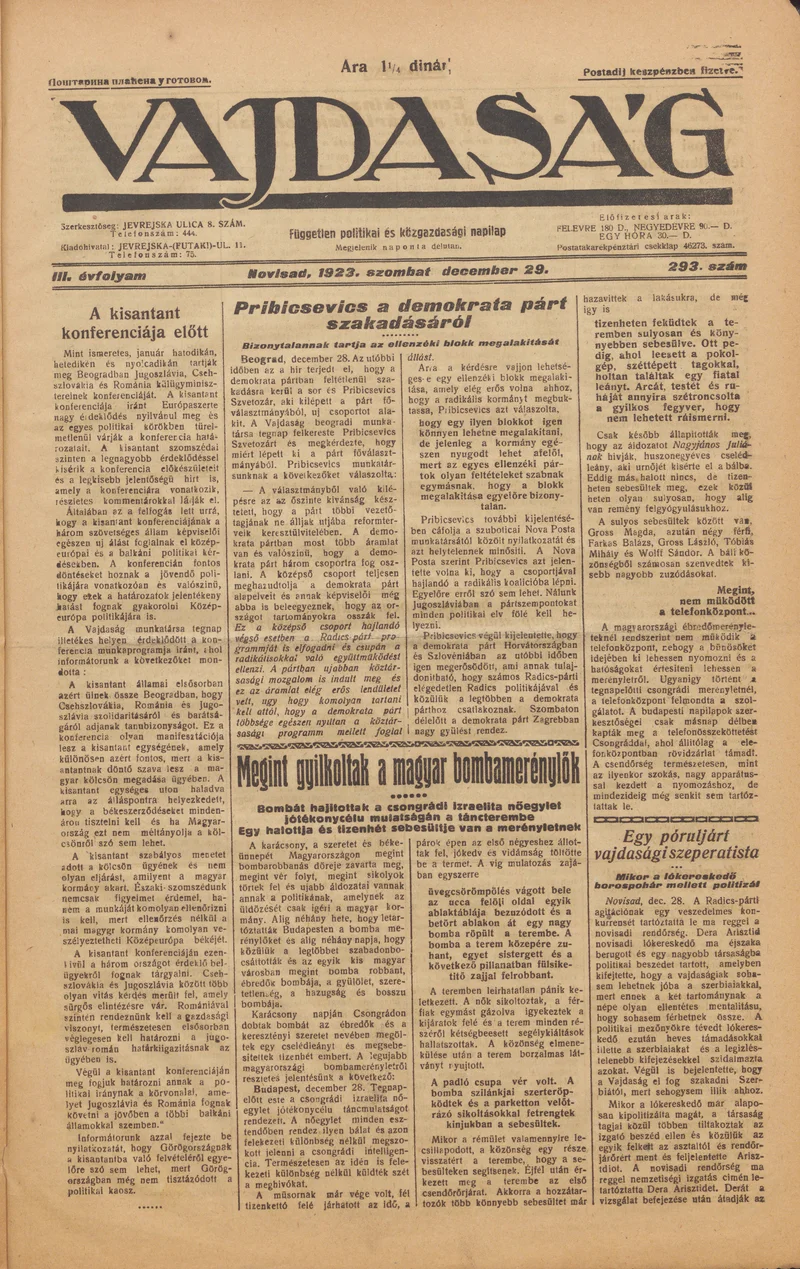 Vajdaság, 3. évf. 1923. december 29. 293. sz.