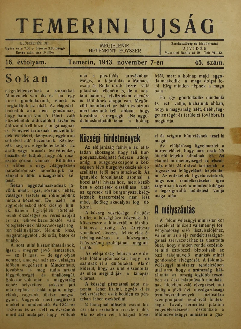 Temerini Újság 1928-1944, 16. évf. 1943. november 7. 45. sz.
