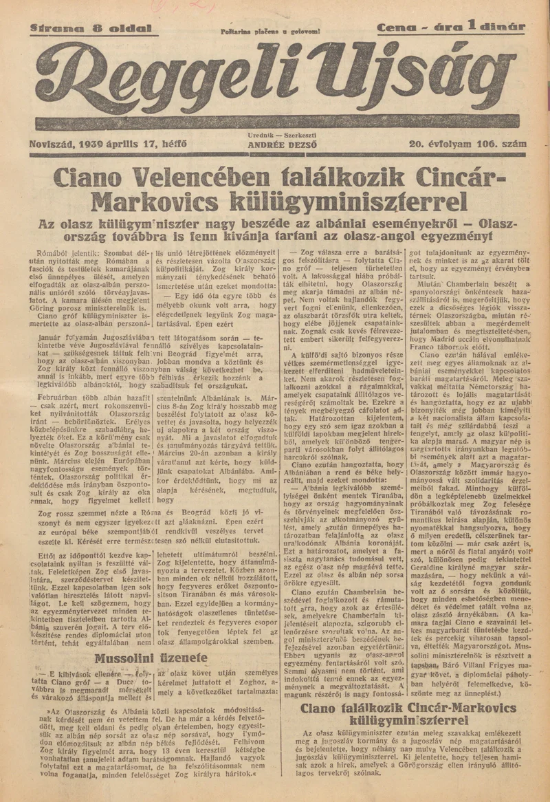 Reggeli Újság, 20. évf. 1939. április 17. 106. sz.