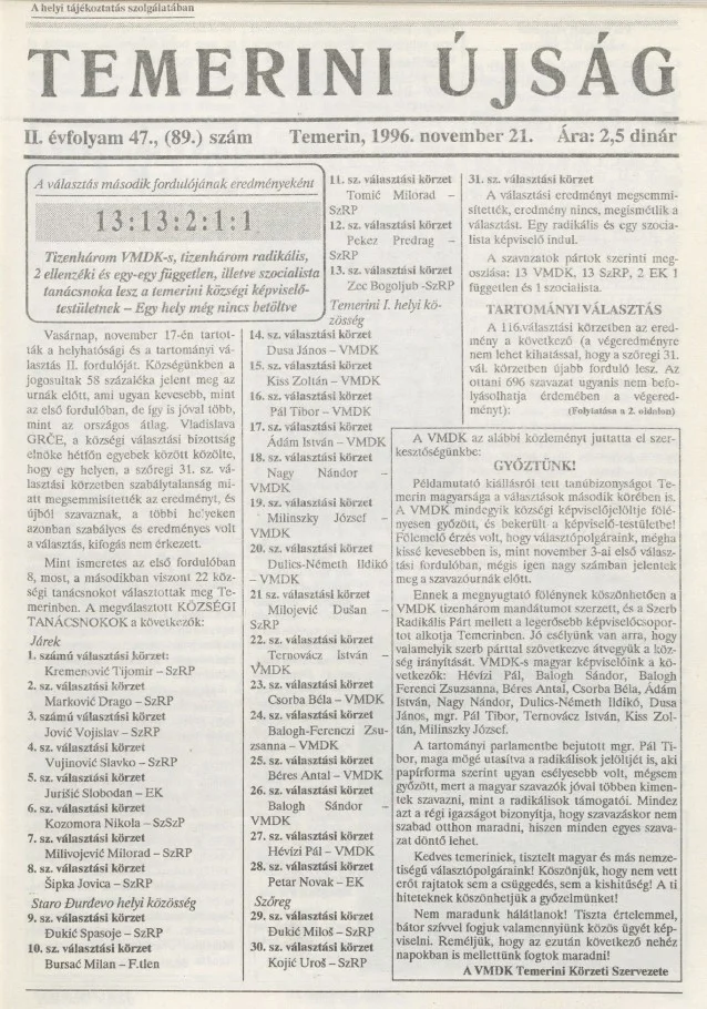 Temerini Újság, 2. évf. 1996. november 21. 47. sz.