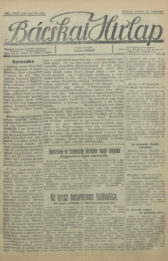Bácskai Hirlap, 24. évf. 1920. október 10. 170. sz.