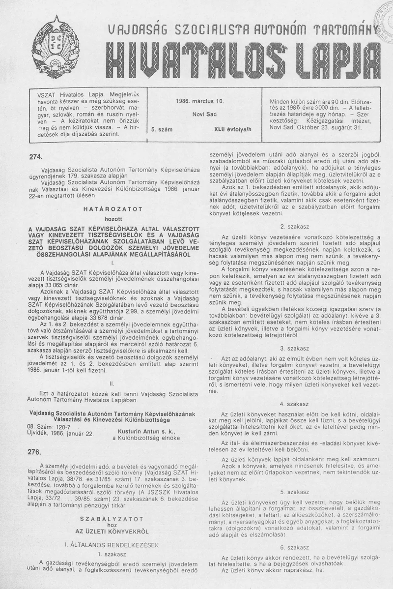 Vajdaság Szocialista Autonóm Tartomány Hivatalos Lapja, 42. évf. 1986. március 10. 5. sz.