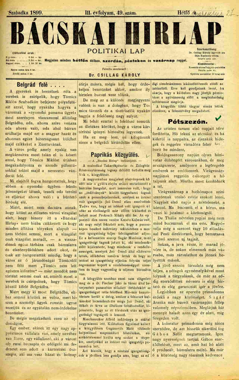 Bácskai Hirlap, 3. évf. 1899. március 27. 49. sz.