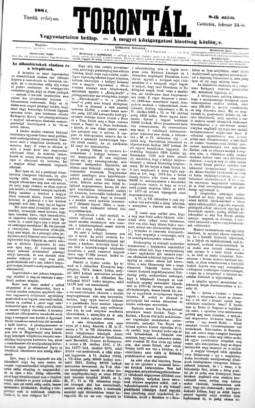 Torontál, 10. évf. 1881. február 24. 8. sz.
