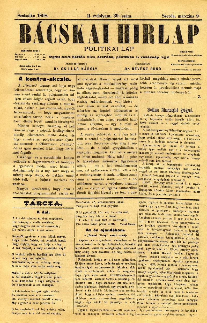 Bácskai Hirlap, 2. évf. 1898. március 9. 39. sz. 1–4. oldal