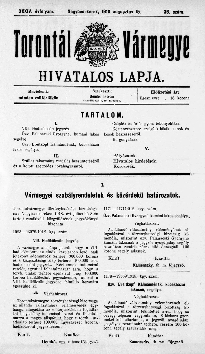 Torontál Vármegye Hivatalos Lapja, 34. évf. 1918. augusztus 15. 36. sz.