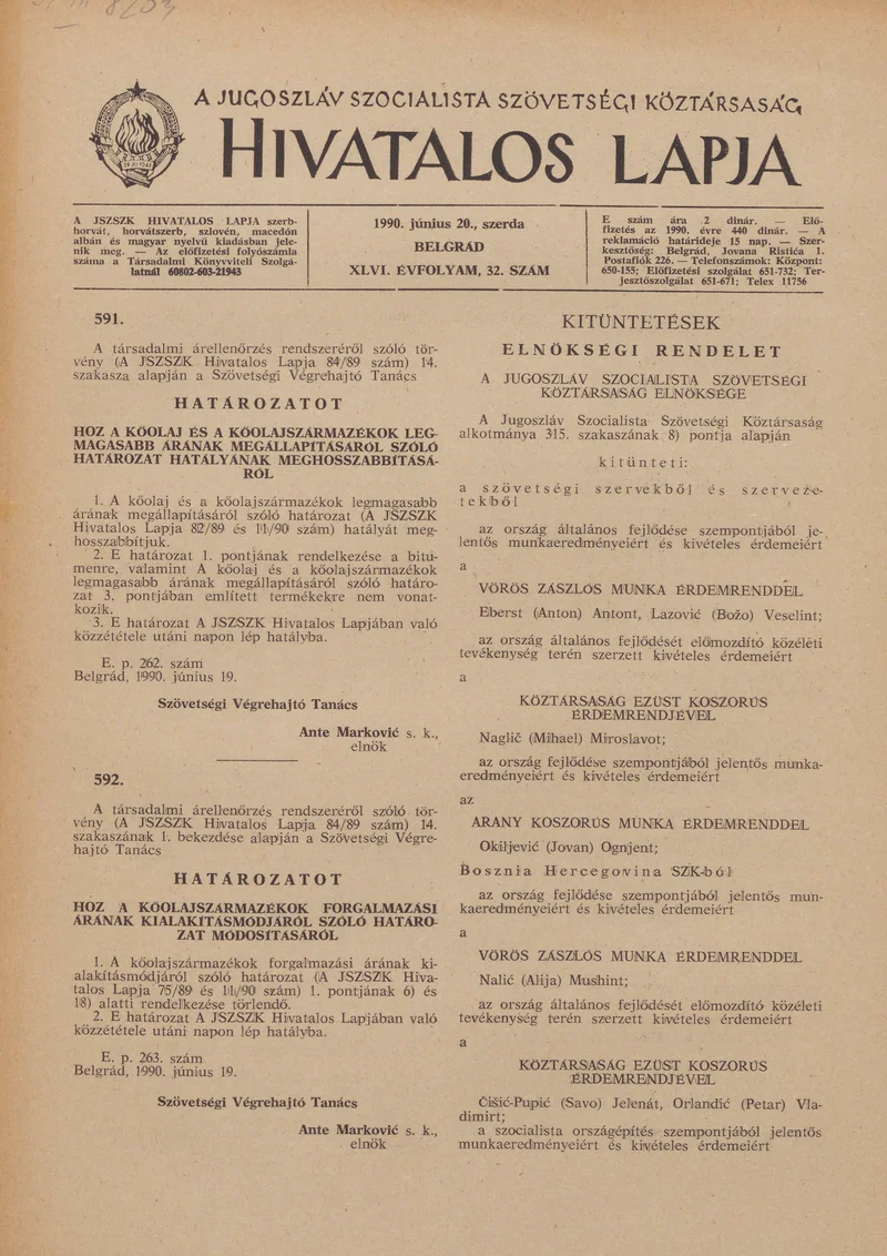 A Jugoszláv Szocialista Szövetségi Köztársaság Hivatalos Lapja, 46. évf. 1990. június 20. 32. sz. 1097–1100. oldal