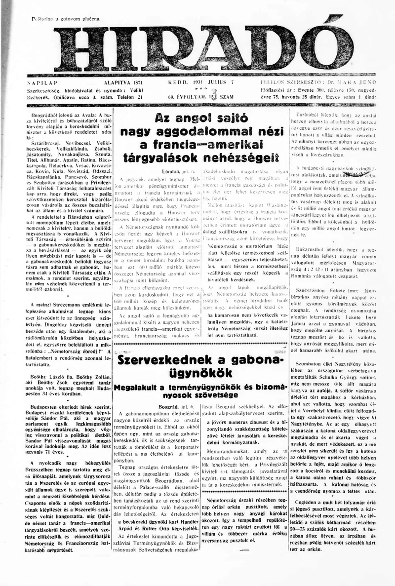 Híradó, 60. évf. 1931. július 7. 153. sz.