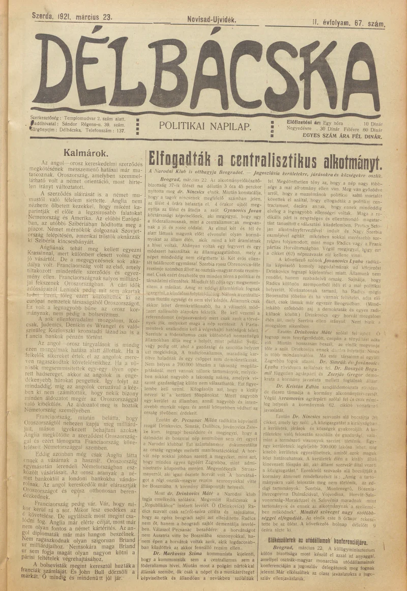 Délbácska, 2. évf. 1921. március 23. 67. sz.