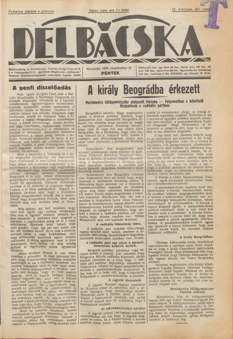 Délbácska, 9. évf. 1928. szeptember 21. 221. sz.