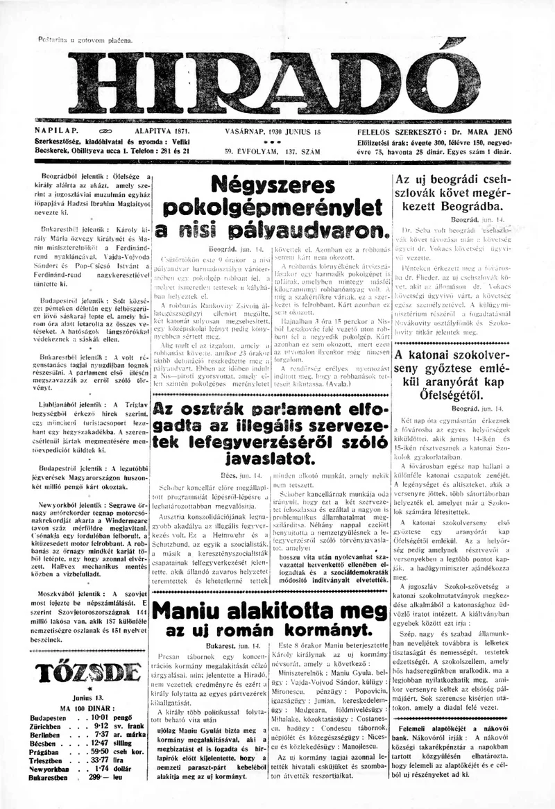 Híradó, 59. évf. 1930. június 15. 137. sz.