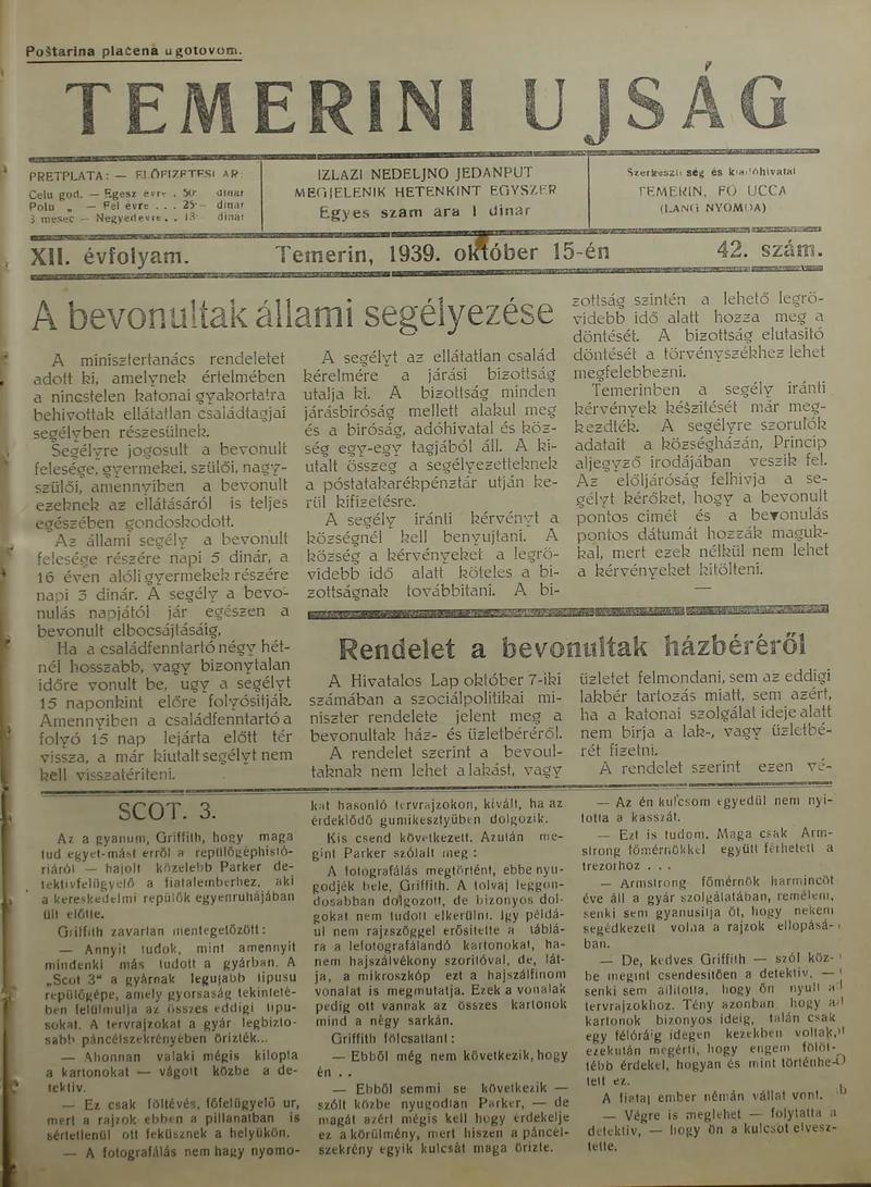 Temerini Újság 1928-1944, 12. évf. 1939. október 15. 42. sz.