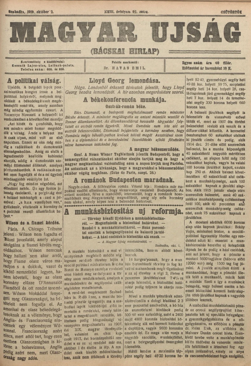 Bácskai Hirlap, 23. évf. 1919. október 2. 92. sz.