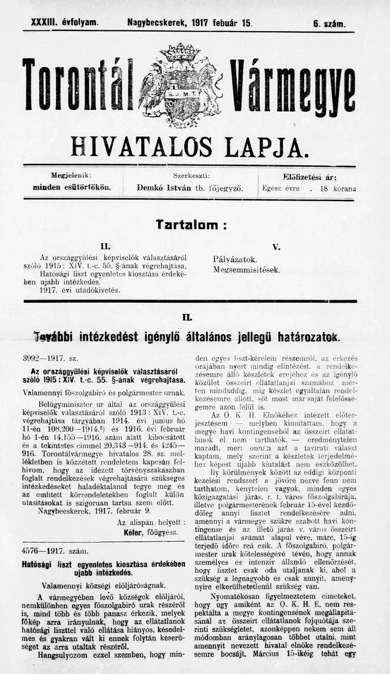 Torontál Vármegye Hivatalos Lapja, 33. évf. 1917. február 15. 6. sz.