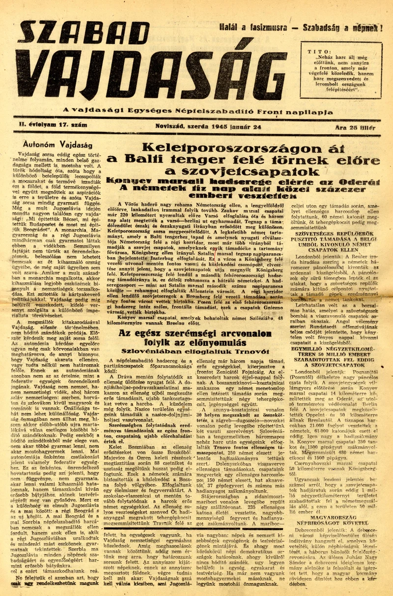 Szabad Vajdaság, 2. évf. 1945. január 24. 17. sz.
