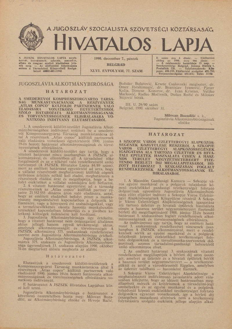 A Jugoszláv Szocialista Szövetségi Köztársaság Hivatalos Lapja, 46. évf. 1990. december 7. 77. sz. 2229–2232. oldal
