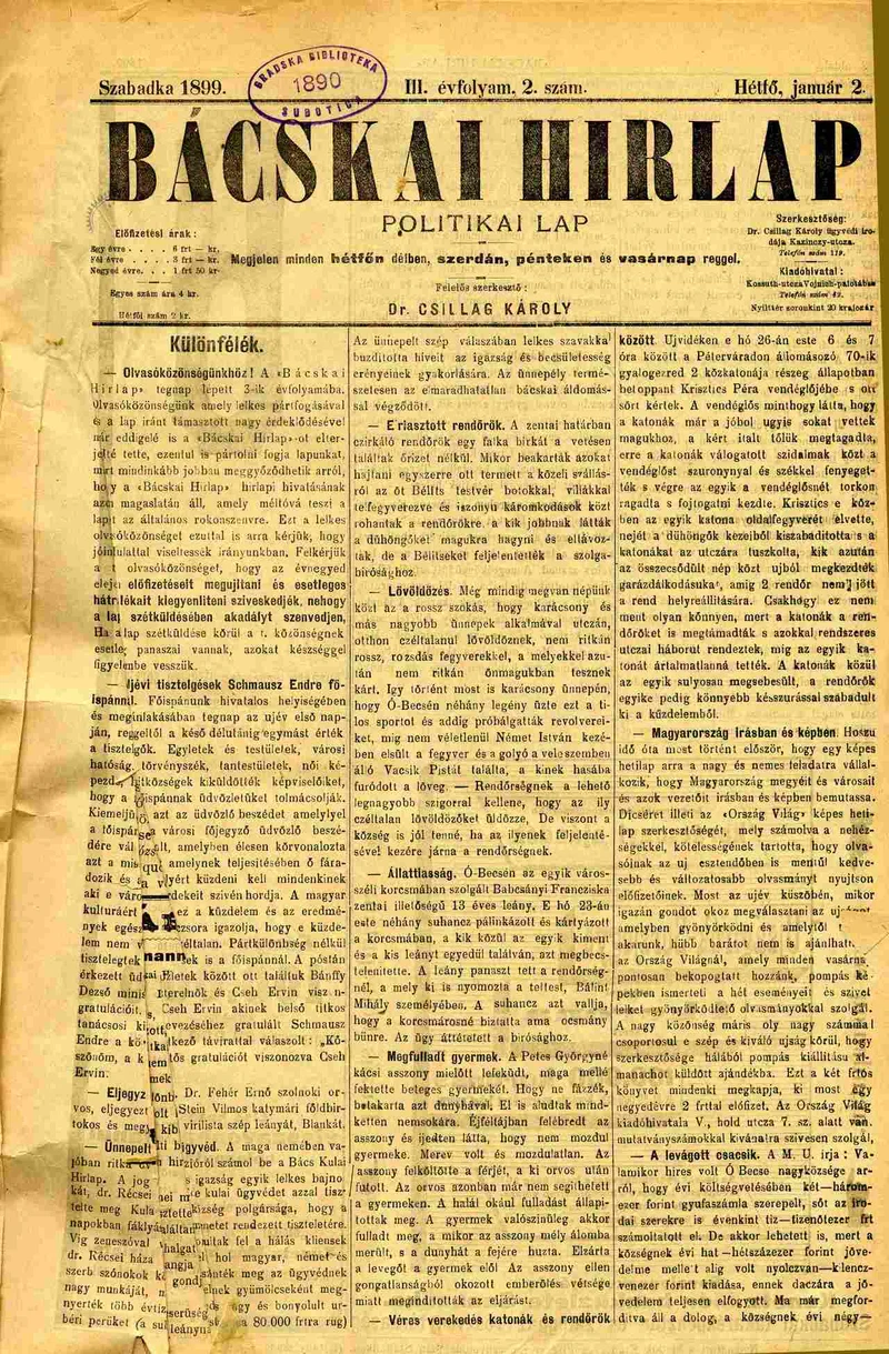 Bácskai Hirlap, 3. évf. 1899. január 2. 2. sz. 1–2. oldal
