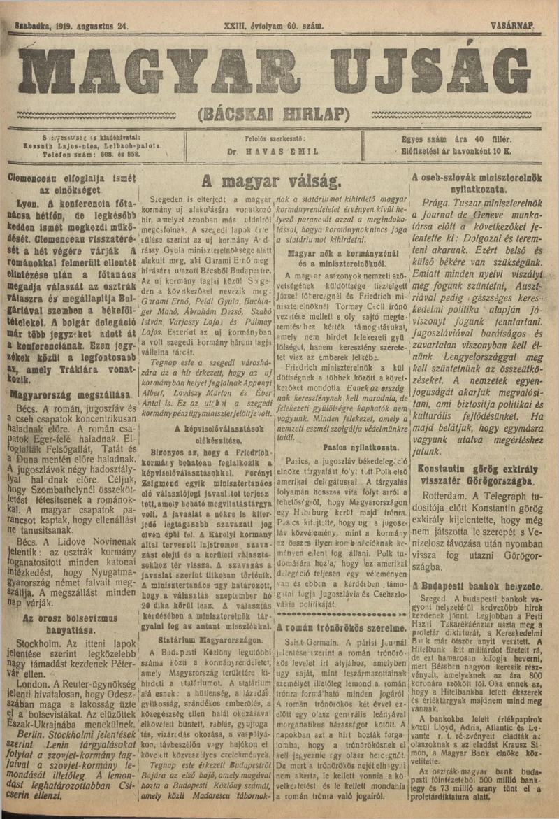 Bácskai Hirlap, 23. évf. 1919. augusztus 24. 60. sz.