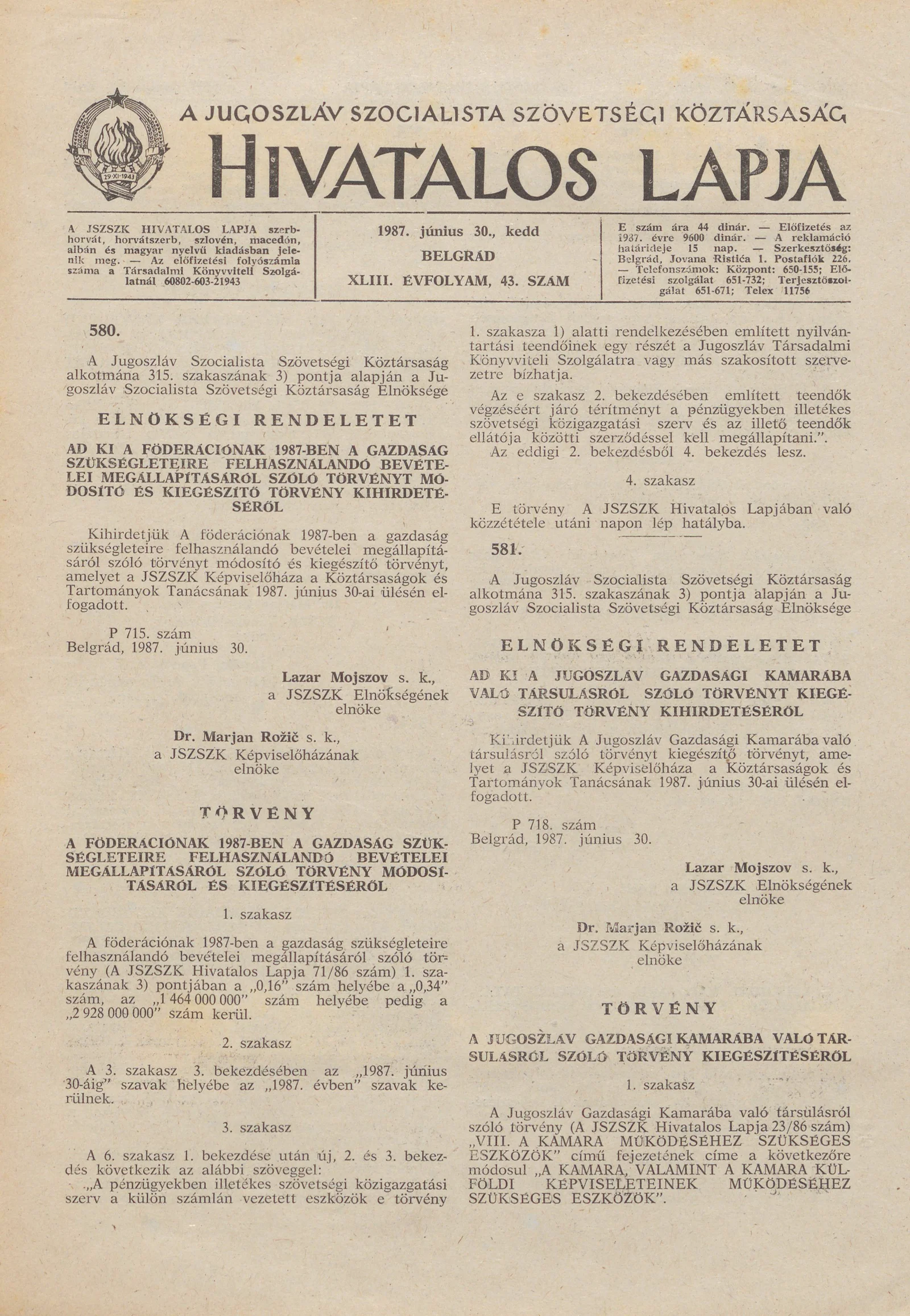 A Jugoszláv Szocialista Szövetségi Köztársaság Hivatalos Lapja, 43. évf. 1987. június 30. 43. sz. 1085–1088. oldal