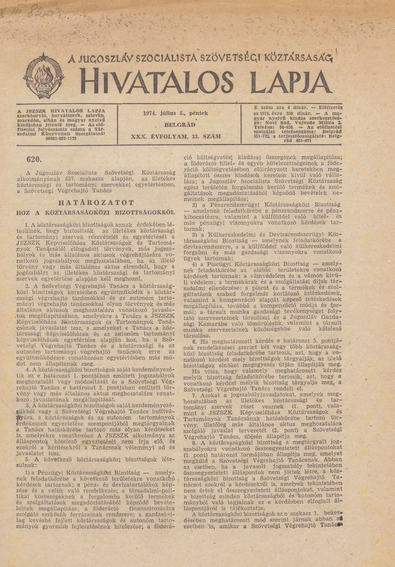 A Jugoszláv Szocialista Szövetségi Köztársaság Hivatalos Lapja, 30. évf. 1974. július 5. 33. sz. 1141–1156. oldal