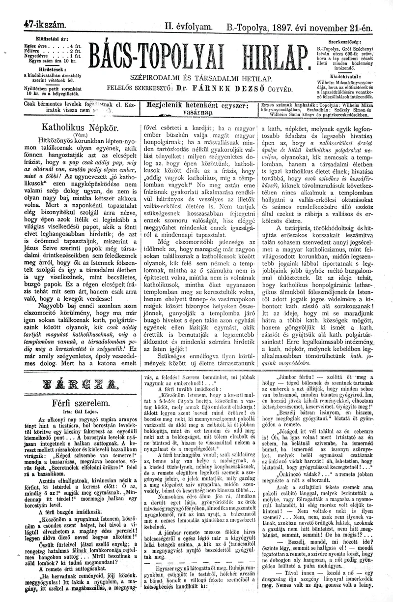 Bács-Topolyai Hirlap, 2. évf. 1897. november 21. 47. sz.