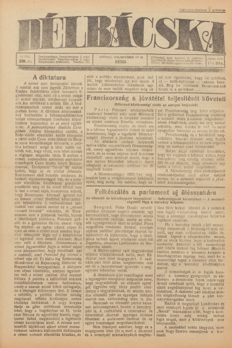 Délbácska, 4. évf. 1923. október 16. 238. sz.