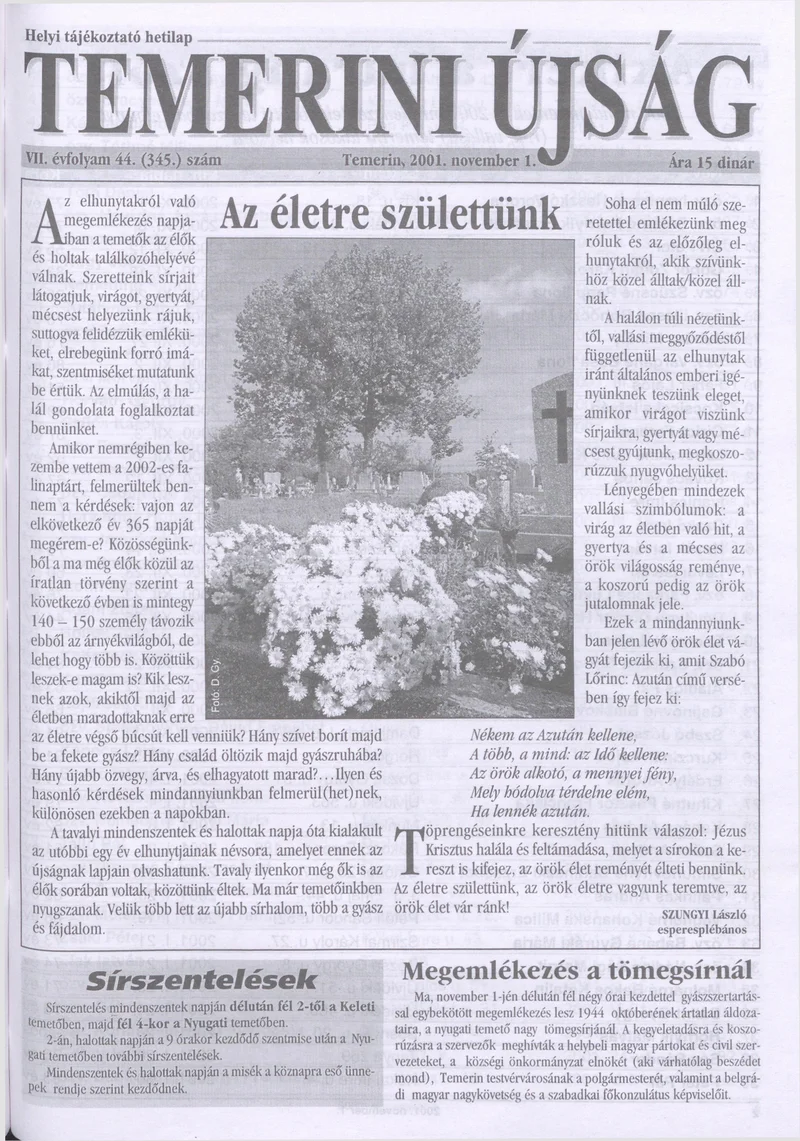 Temerini Újság, 7. évf. 2001. november 1. 44. sz.
