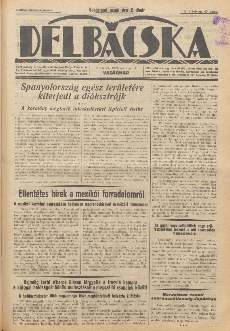 Délbácska, 10. évf. 1929. március 17. 65. sz.