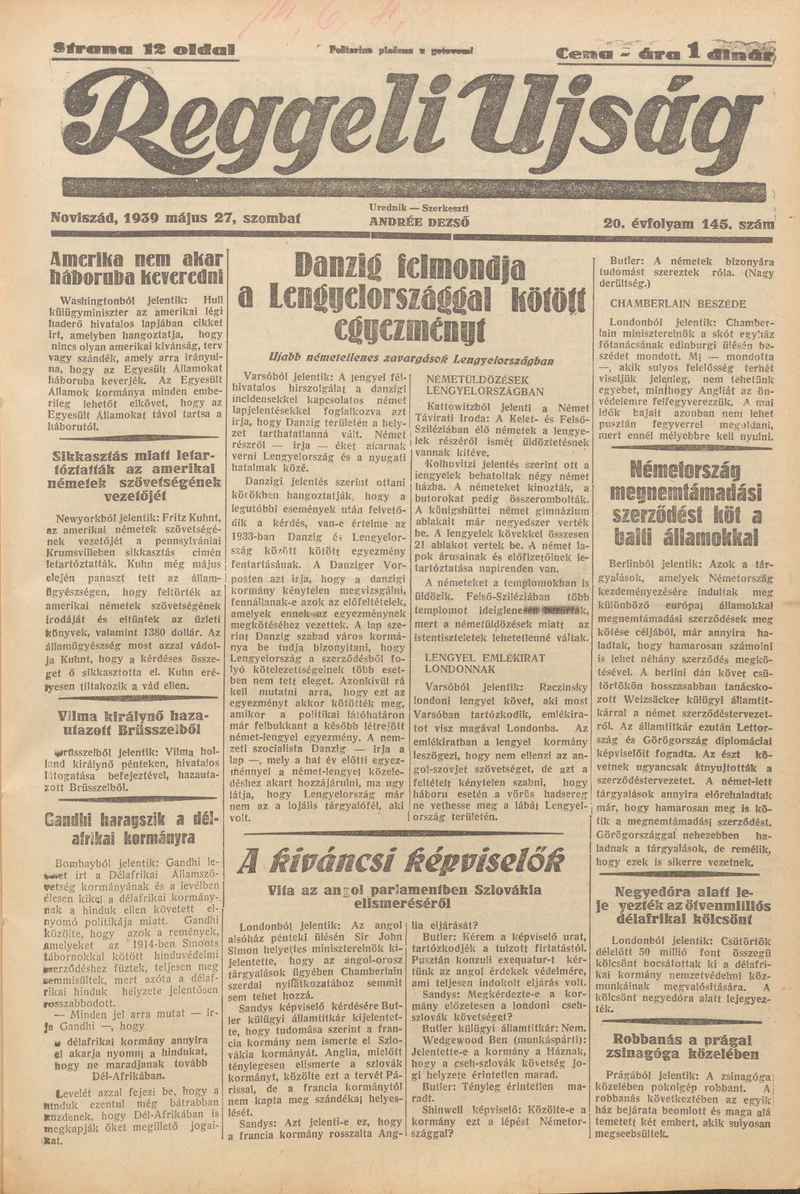 Reggeli Újság, 20. évf. 1939. május 27. 145. sz.