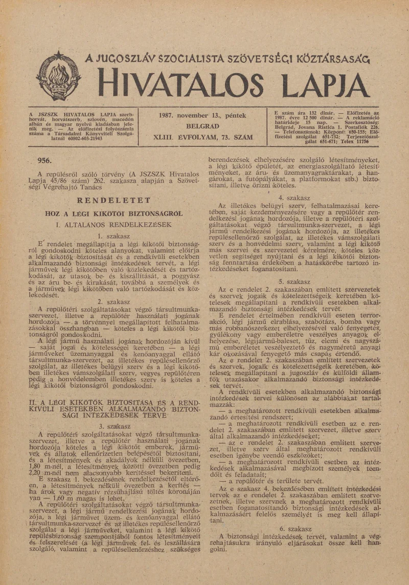 A Jugoszláv Szocialista Szövetségi Köztársaság Hivatalos Lapja, 43. évf. 1987. november 13. 73. sz. 1729–1740. oldal