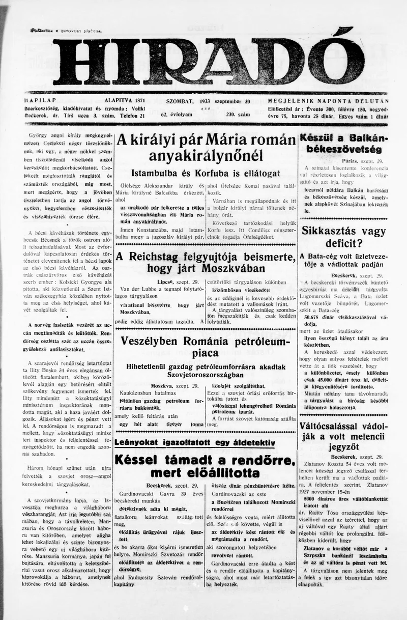 Híradó, 62. évf. 1933. szeptember 30. 230. sz.