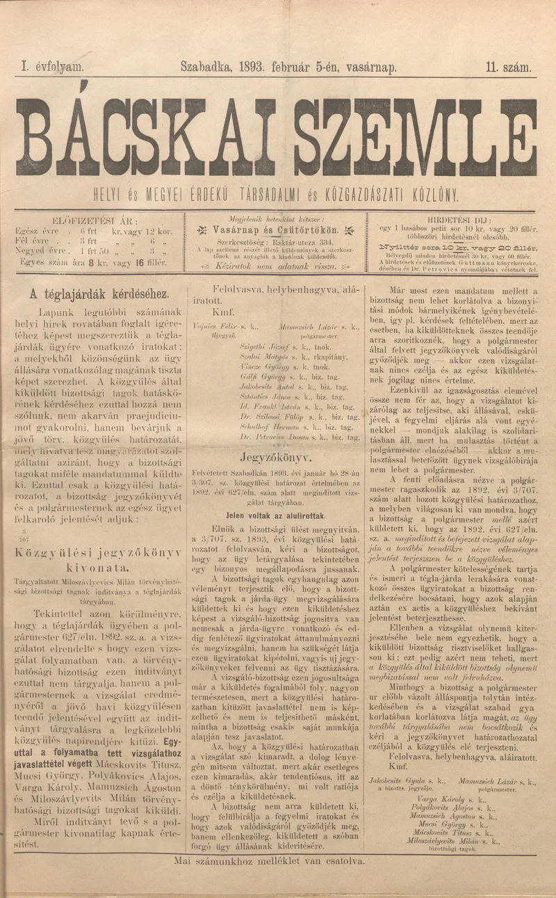 Bácskai Szemle, 1. évf. 1893. február 5. 11. sz.