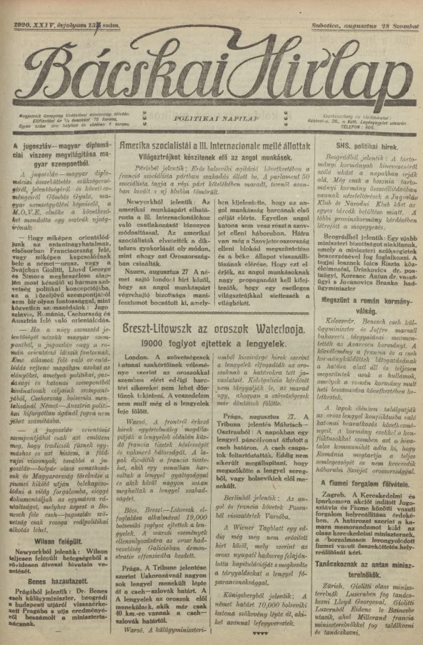 Bácskai Hirlap, 24. évf. 1920. augusztus 28. 137. sz.