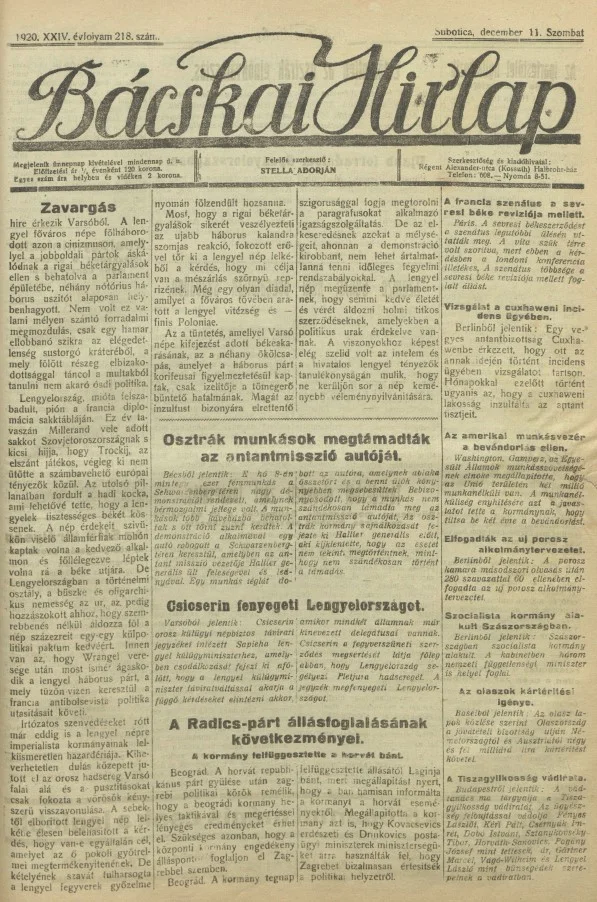 Bácskai Hirlap, 24. évf. 1920. december 11. 218. sz.