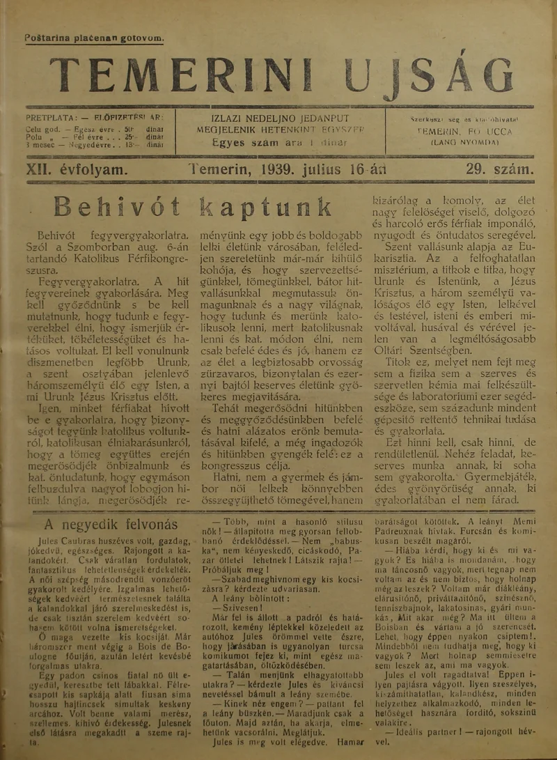 Temerini Újság 1928-1944, 12. évf. 1939. július 16. 29. sz.