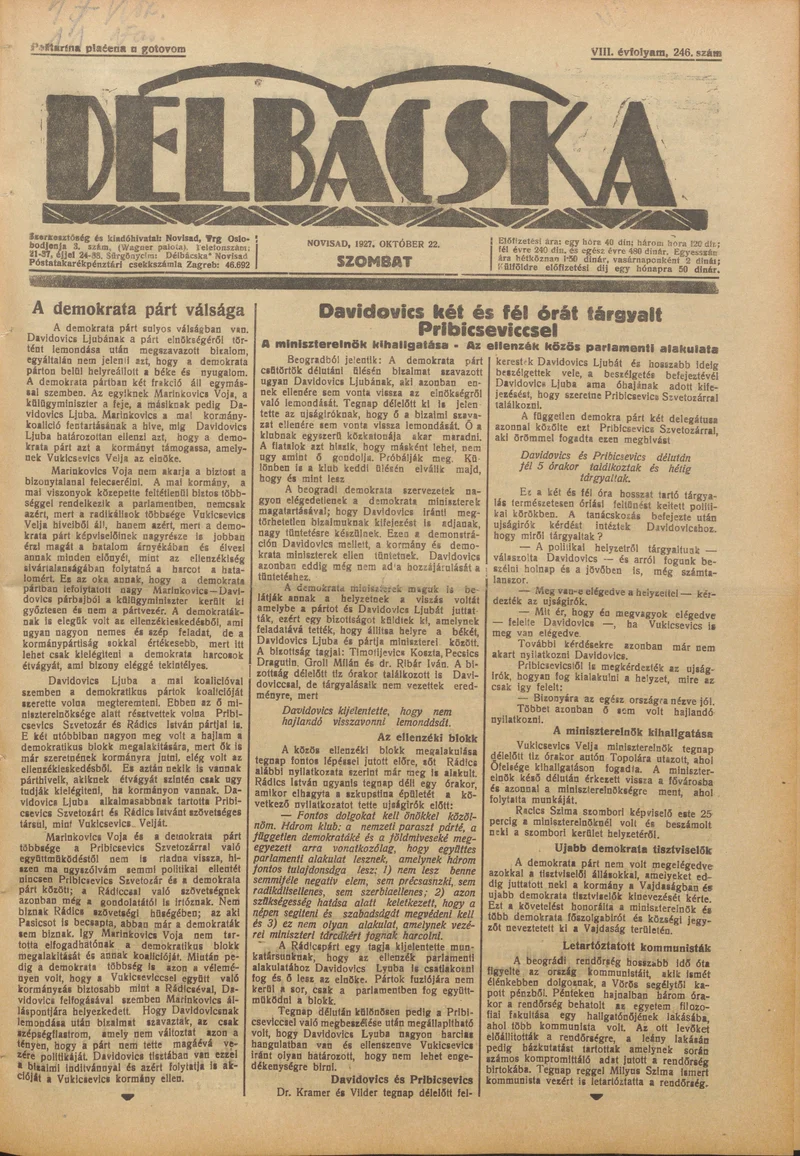 Délbácska, 8. évf. 1927. október 22. 246. sz.