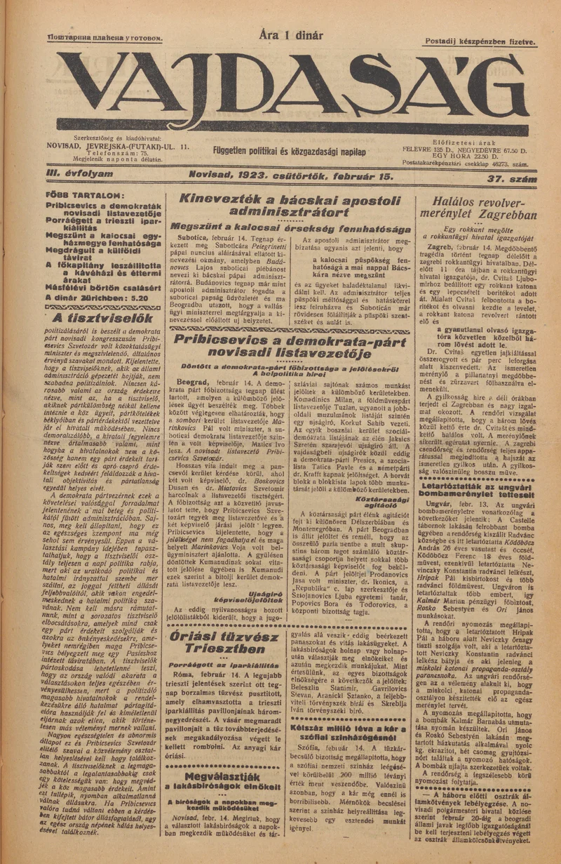 Vajdaság, 3. évf. 1923. február 15. 37. sz.