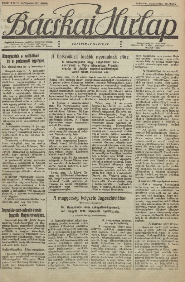 Bácskai Hirlap, 24. évf. 1920. augusztus 16. 126. sz.