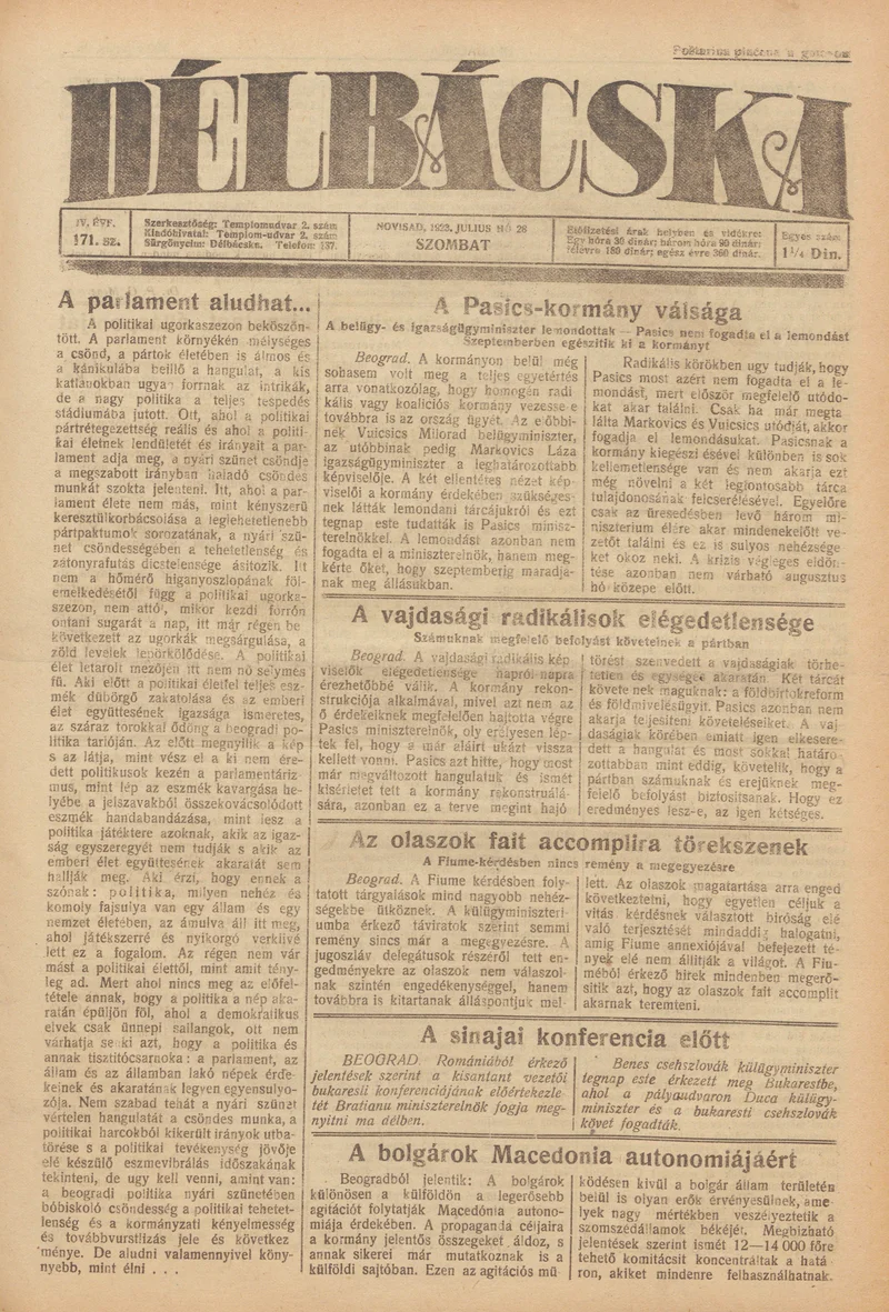 Délbácska, 4. évf. 1923. július 28. 171. sz.