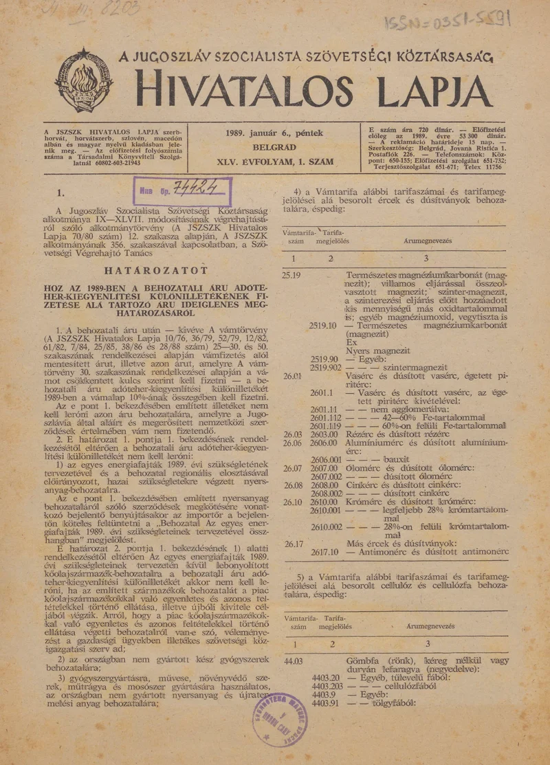 A Jugoszláv Szocialista Szövetségi Köztársaság Hivatalos Lapja, 45. évf. 1989. január 6. 1. sz. 1–12. oldal