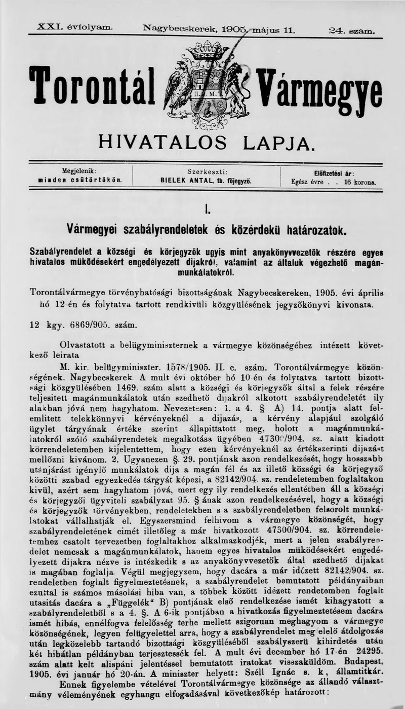 Torontál Vármegye Hivatalos Lapja, 21. évf. 1905. május 11. 24. sz.