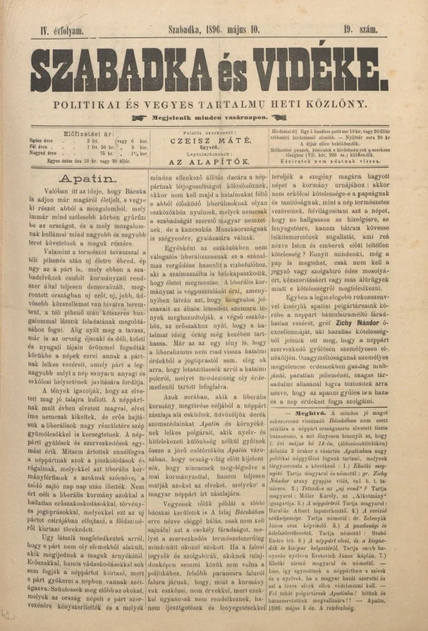 Szabadka és vidéke II, 4. évf. 1896. május 10. 19. sz.
