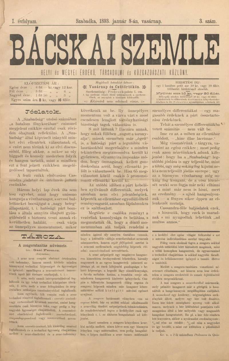 Bácskai Szemle, 1. évf. 1893. január 8. 3. sz.