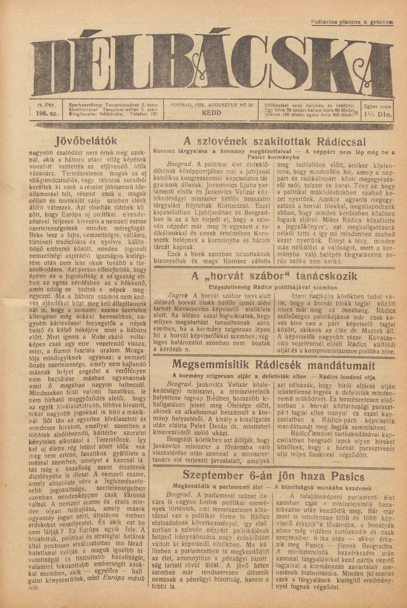 Délbácska, 4. évf. 1923. augusztus 28. 196. sz.