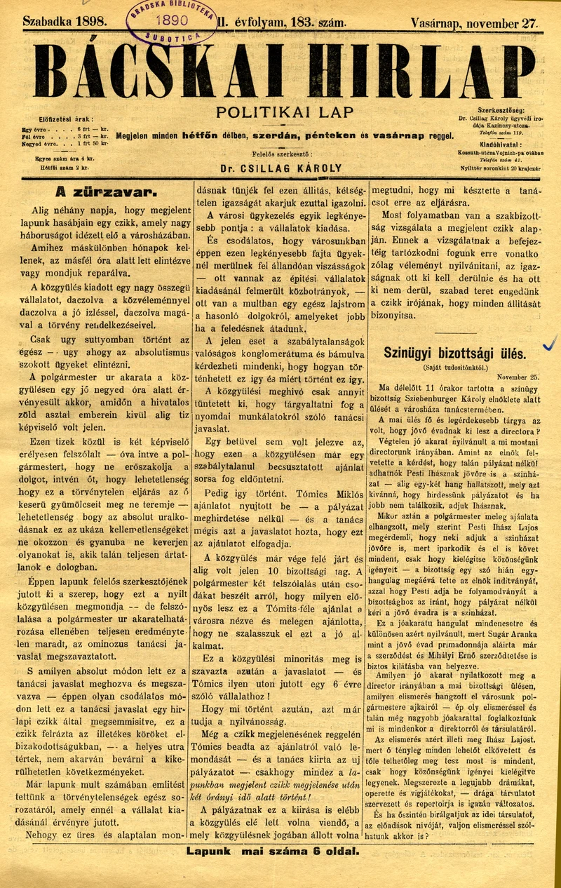 Bácskai Hirlap, 2. évf. 1898. november 27. 183. sz. 1–6. oldal