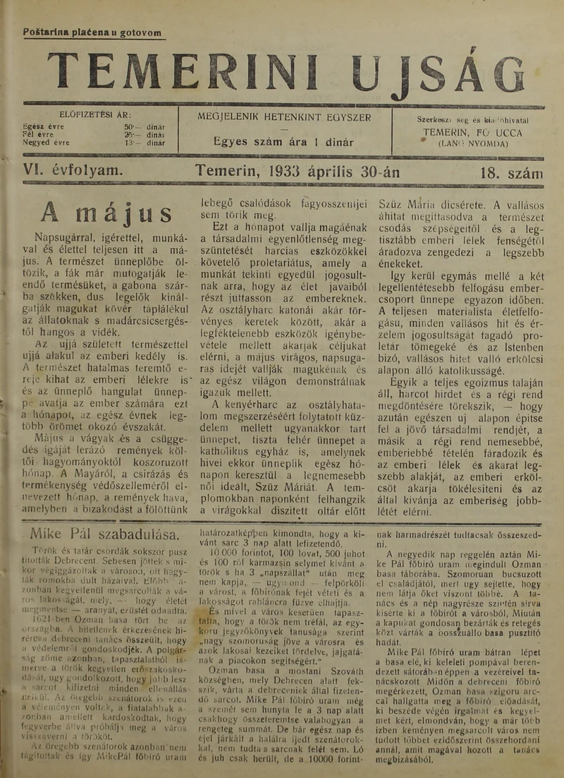 Temerini Újság 1928-1944, 6. évf. 1933. április 30. 18. sz.